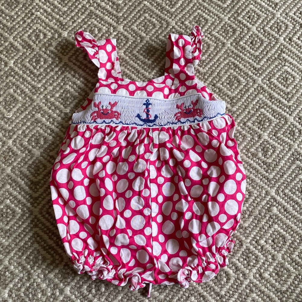 The Bailey Boys smocked pink polka dot bubble with crabs and anchor 🦀⚓️🦀